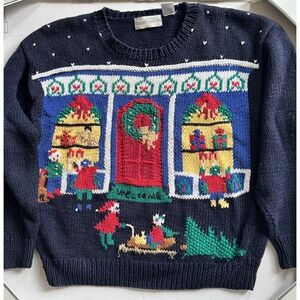 Vtg Christmas House Sweater Santa Mrs Clause Tree Navy Women's Med